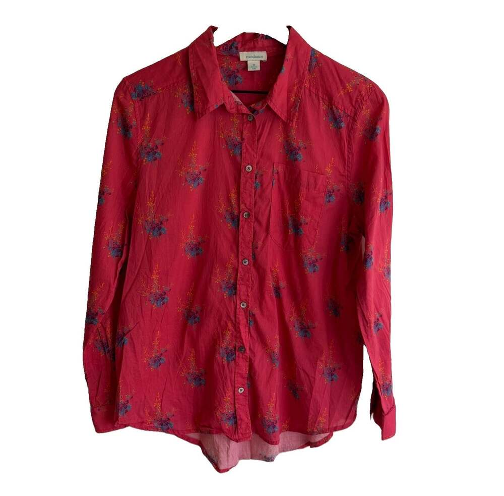 Sundance 100% Cotton Floral Button Up Blouse Size M Red Boho Summer Prairie